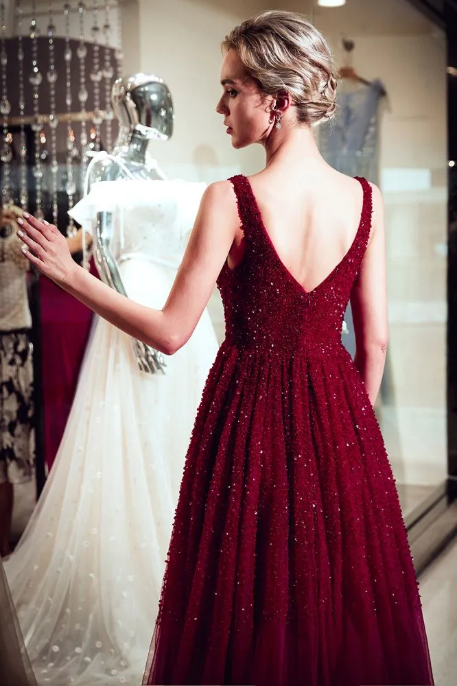 A-line Long V-neck Sleeveless Burgundy Sequins Tulle Evening Dresses