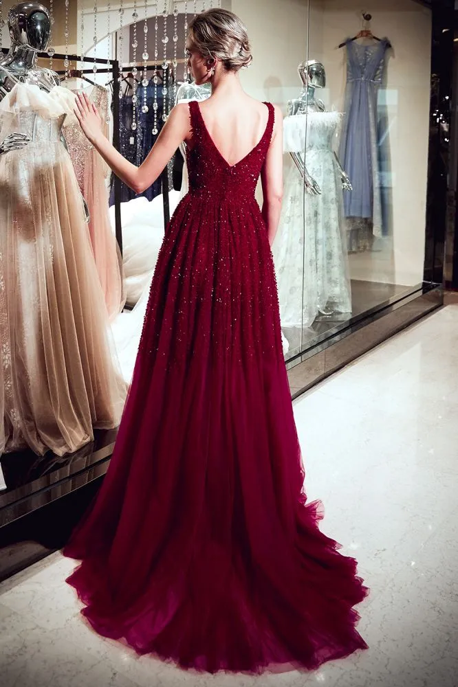 A-line Long V-neck Sleeveless Burgundy Sequins Tulle Evening Dresses