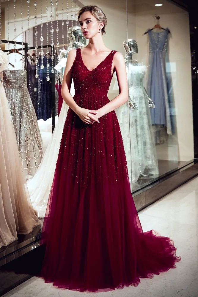 A-line Long V-neck Sleeveless Burgundy Sequins Tulle Evening Dresses