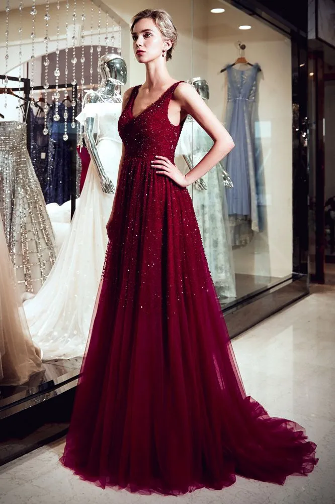 A-line Long V-neck Sleeveless Burgundy Sequins Tulle Evening Dresses