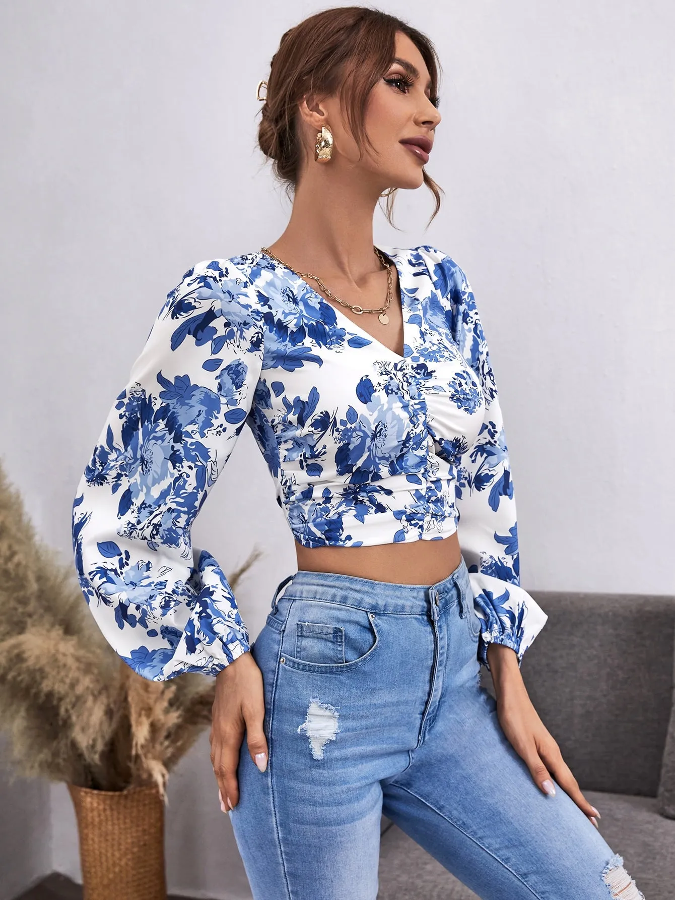 Elegant Floral Shirred Long Sleeve V Neck Crop Blouse