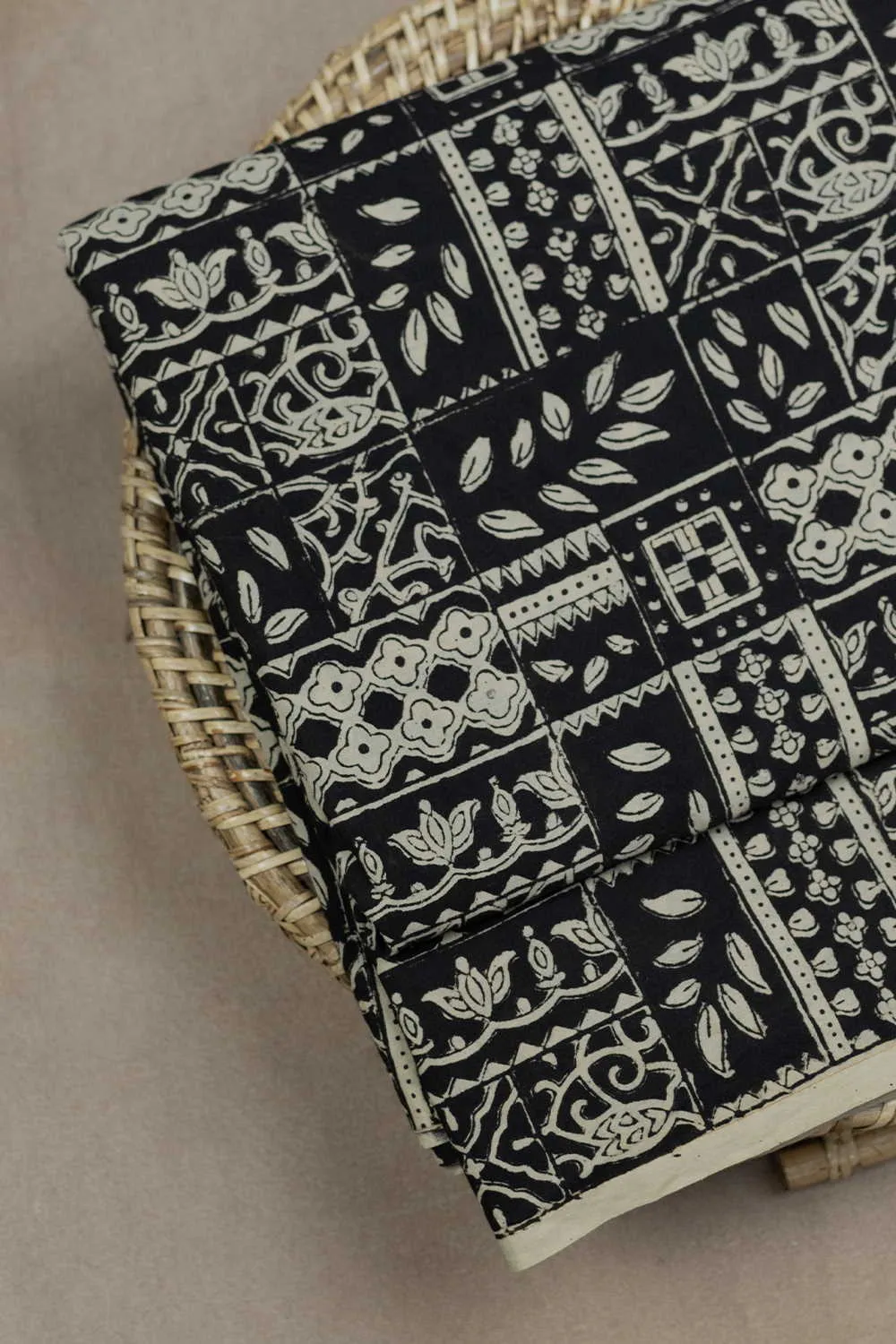 Floral Pattern on Black Bagru Cotton Fabric