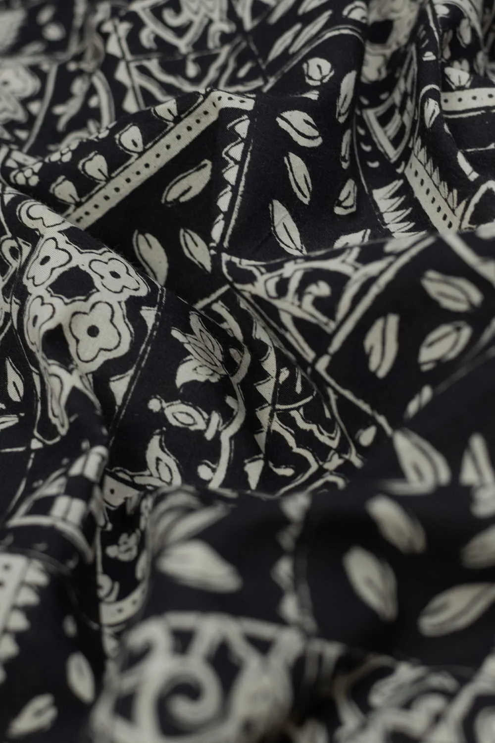 Floral Pattern on Black Bagru Cotton Fabric