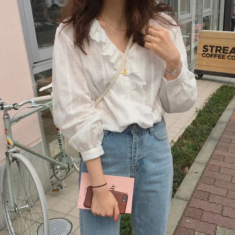 Korean Style Cotton Ruffled Sweet V-neck Simple Long Ladies Solid Sleeve New Top