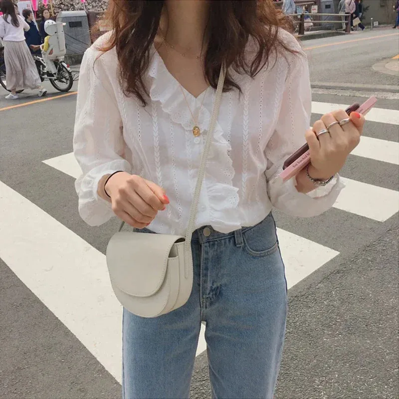 Korean Style Cotton Ruffled Sweet V-neck Simple Long Ladies Solid Sleeve New Top