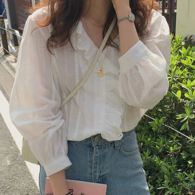 Korean Style Cotton Ruffled Sweet V-neck Simple Long Ladies Solid Sleeve New Top