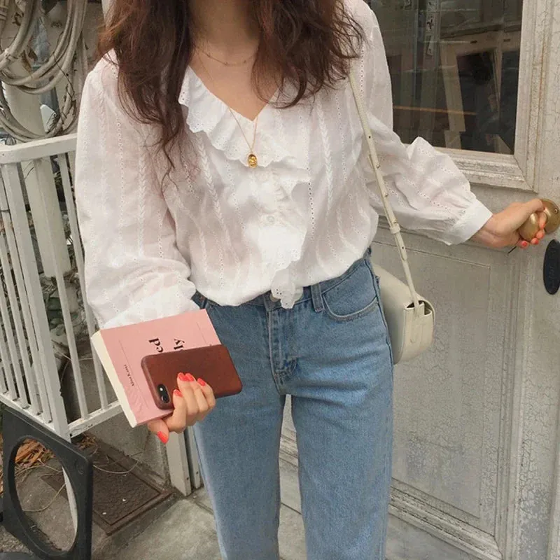 Korean Style Cotton Ruffled Sweet V-neck Simple Long Ladies Solid Sleeve New Top