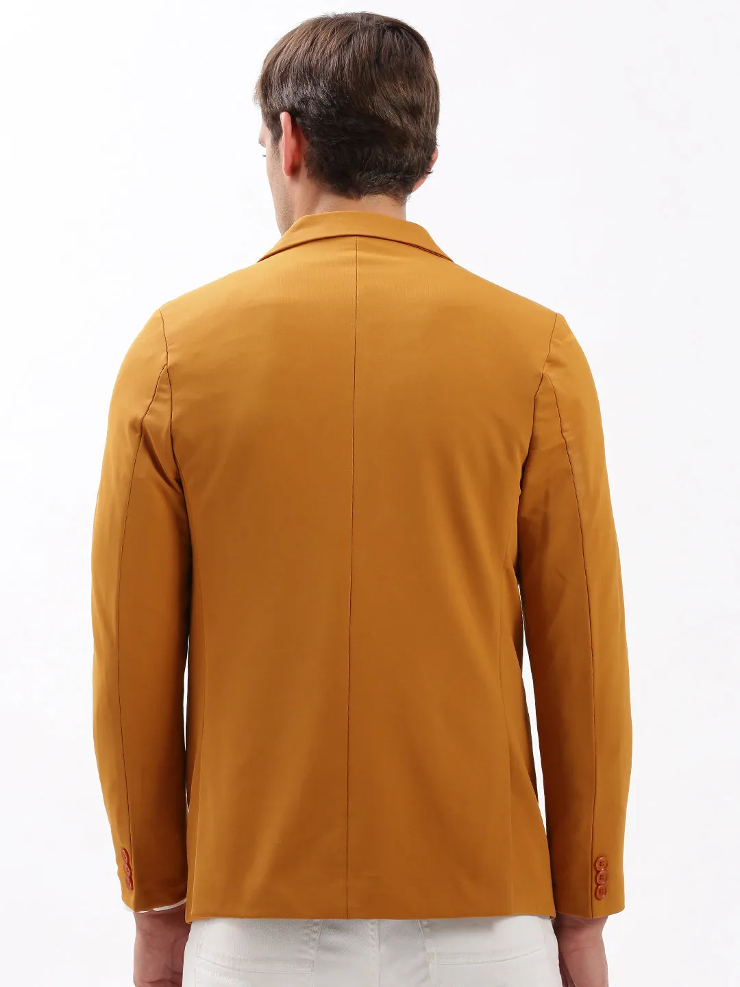 Men Notched Lapel Solid Mustard Blazer