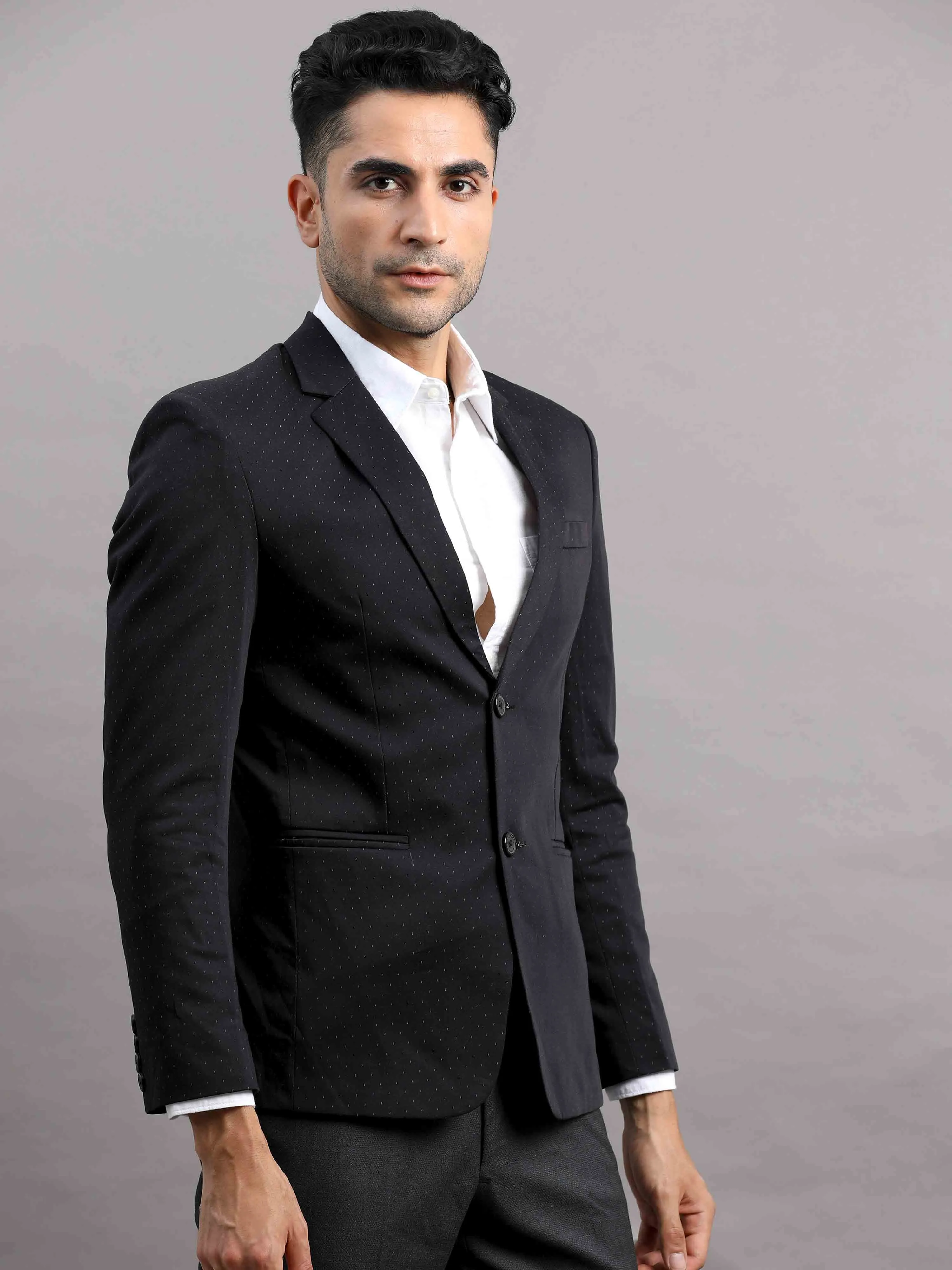 Men's Black Slim Fit Cotton Blend Full Sleeve Printed Casual Blazer