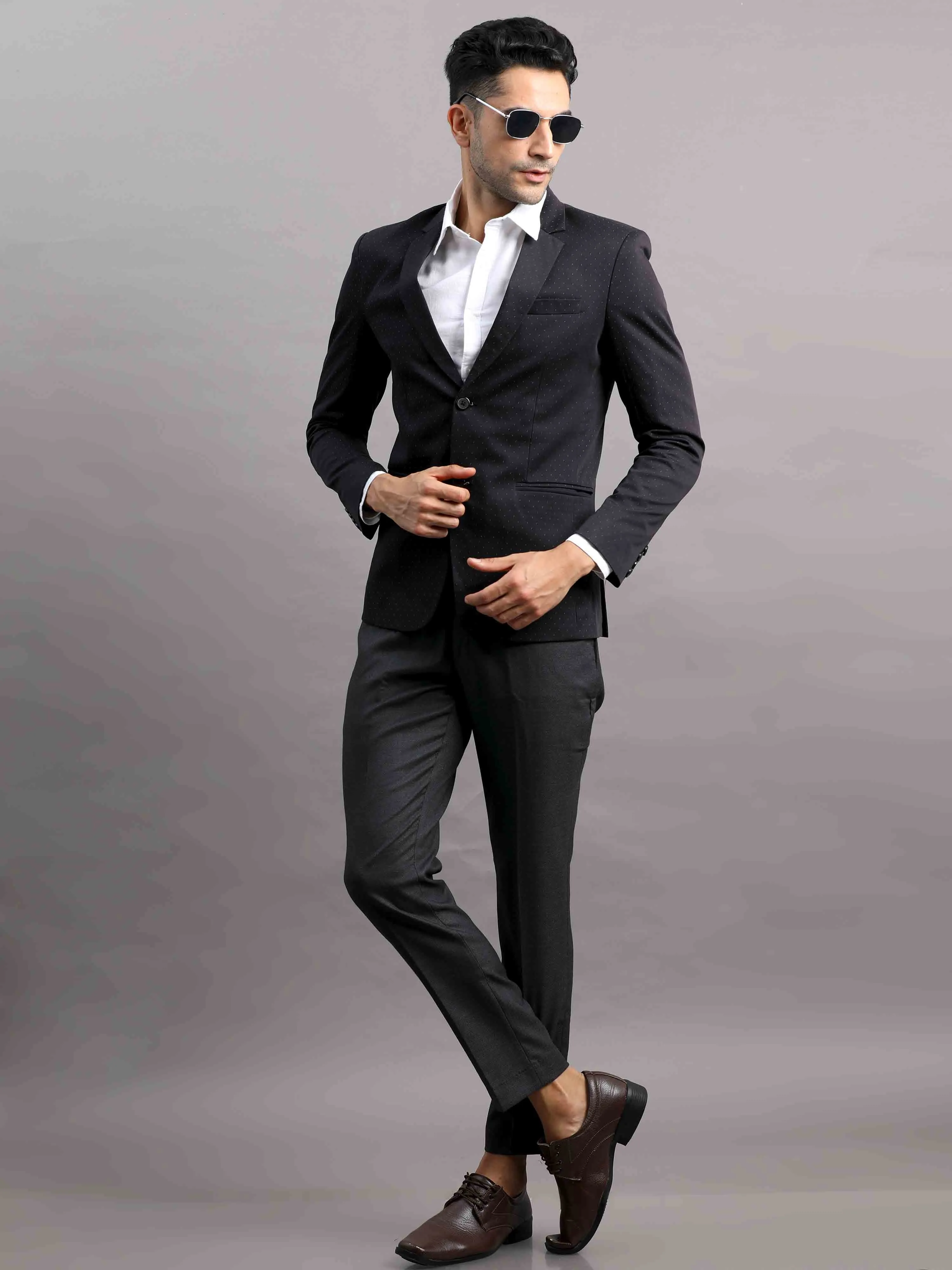 Men's Black Slim Fit Cotton Blend Full Sleeve Printed Casual Blazer