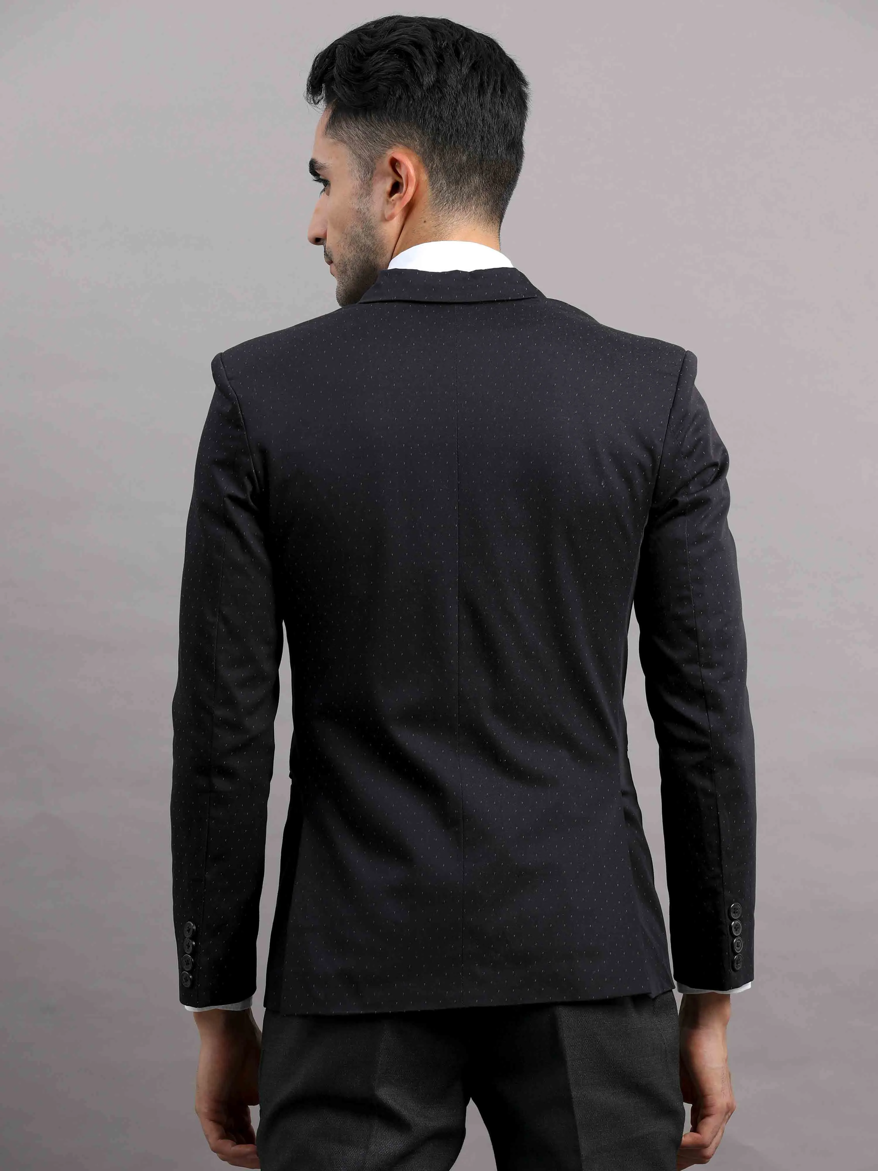 Men's Black Slim Fit Cotton Blend Full Sleeve Printed Casual Blazer