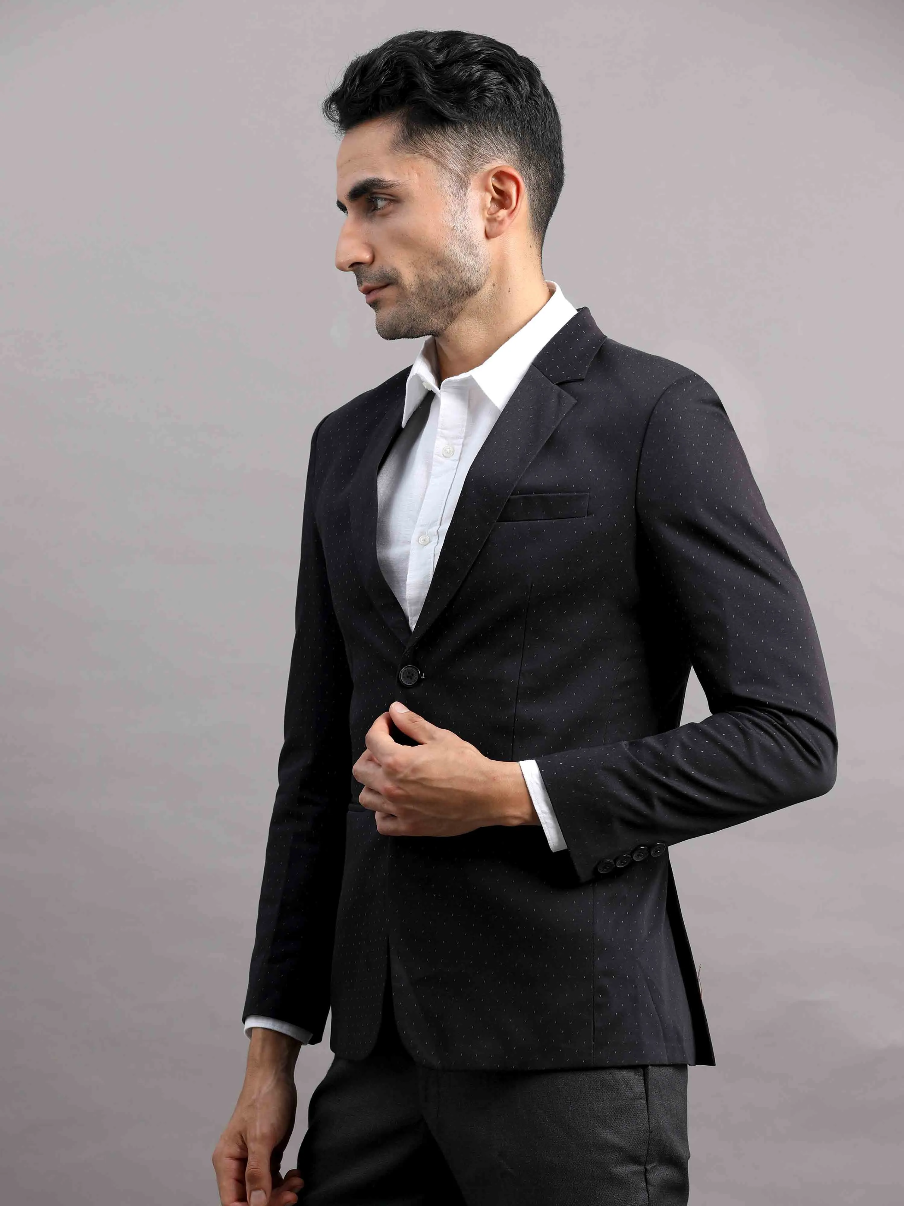 Men's Black Slim Fit Cotton Blend Full Sleeve Printed Casual Blazer