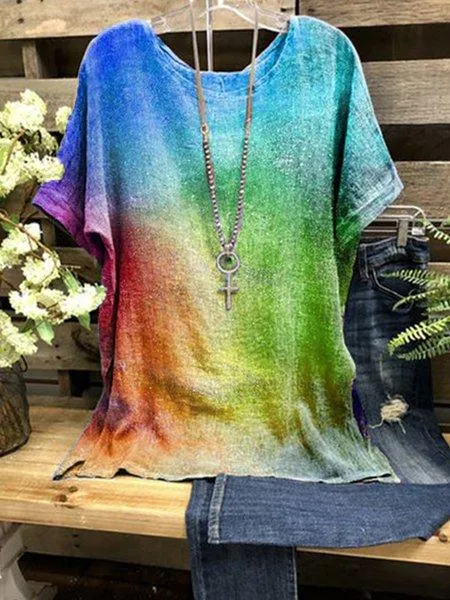 Multicolor Simple Short Sleeve Round Neck Shirts & Tops