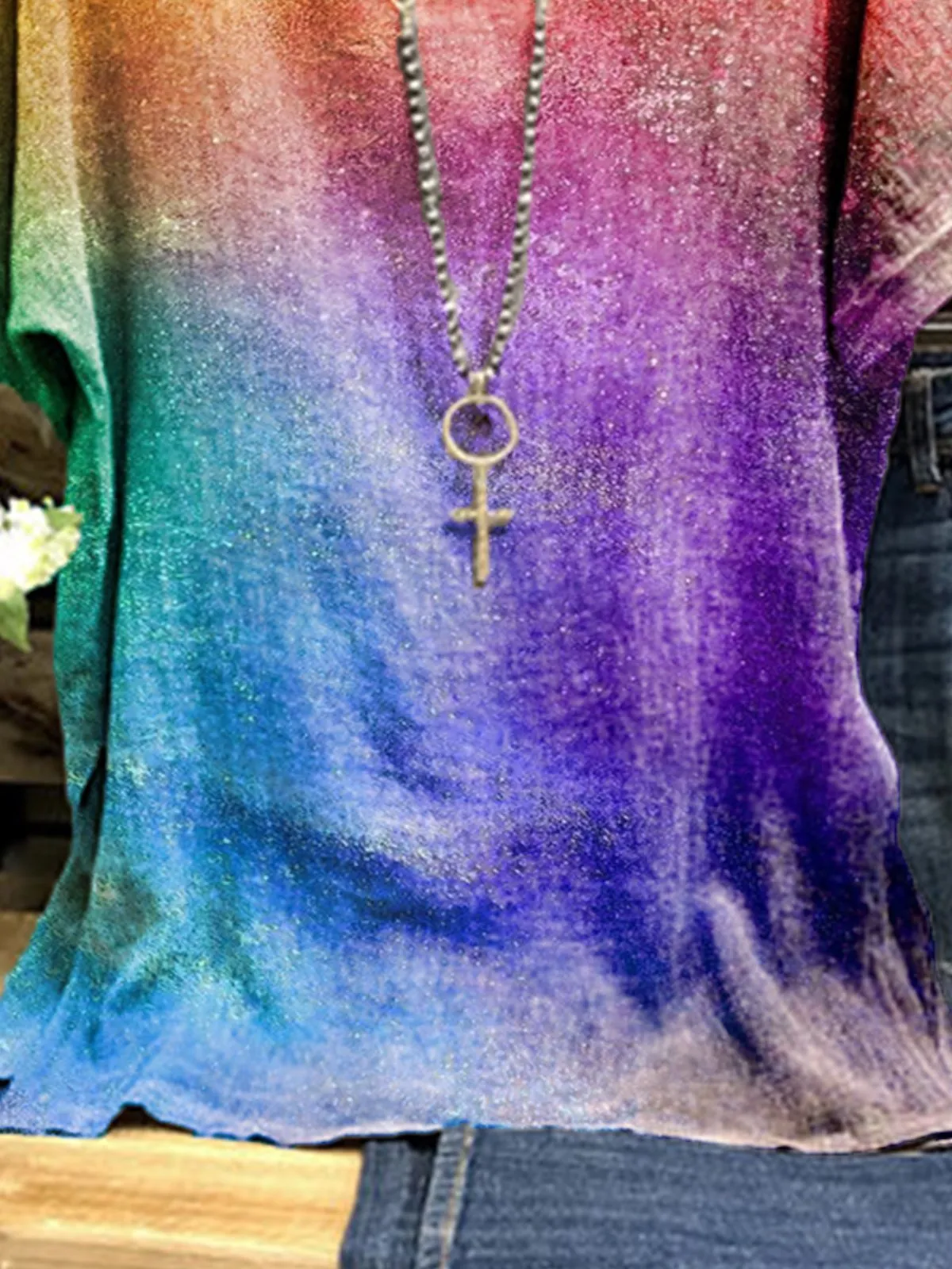 Multicolor Simple Short Sleeve Round Neck Shirts & Tops