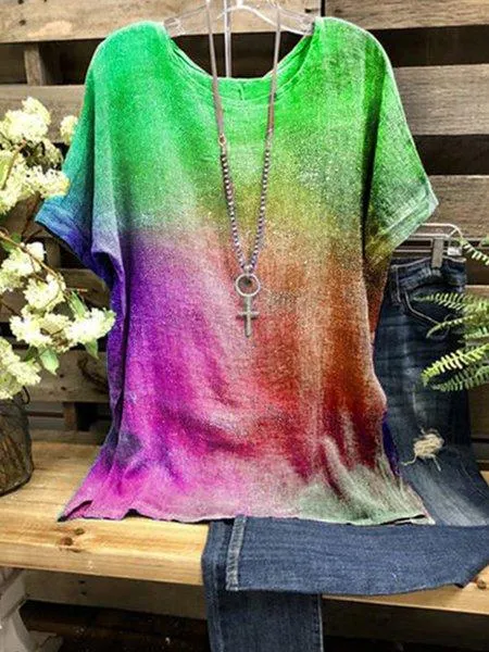 Multicolor Simple Short Sleeve Round Neck Shirts & Tops