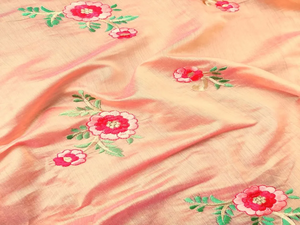 Pink Yellow Floral Embroidered Chanderi Fabric