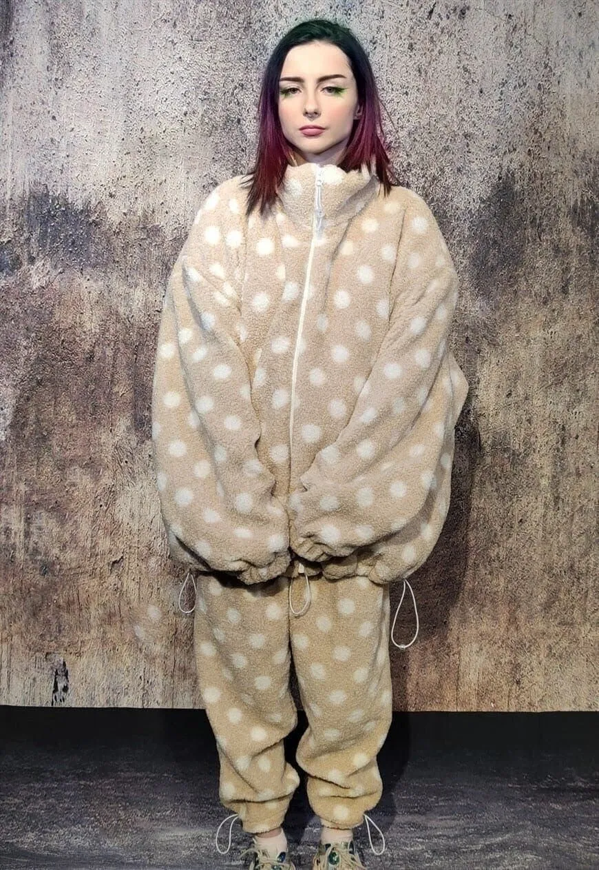 Polka dot fleece jacket handmade fluffy spot bomber cream