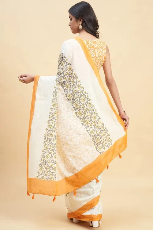 Sooti Syahi "Crape Myrtle Saffron" Handblock Print Mul Cotton Saree