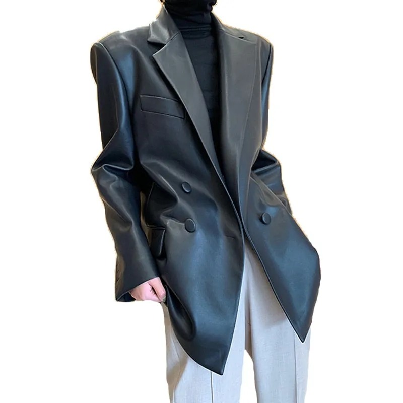 Spring fall leather jackets for women long sleeve Leather coat women Black soft light loose faux leather blazer women