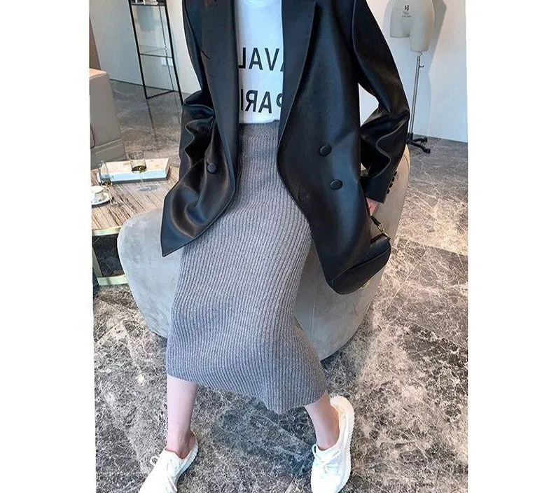 Spring fall leather jackets for women long sleeve Leather coat women Black soft light loose faux leather blazer women
