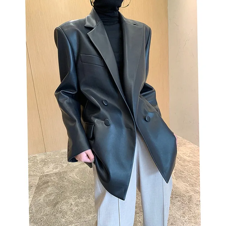 Spring fall leather jackets for women long sleeve Leather coat women Black soft light loose faux leather blazer women