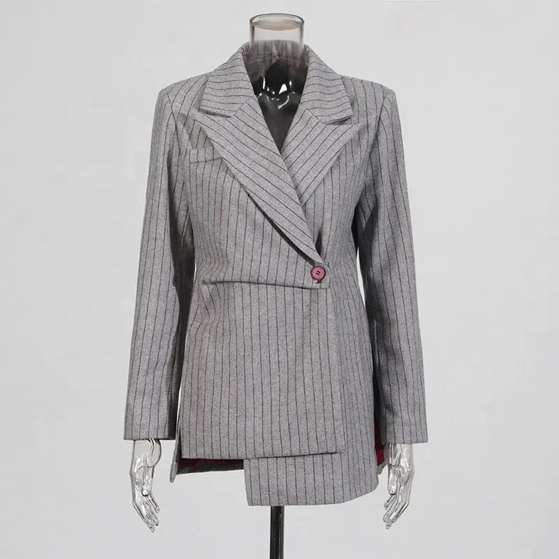 Trend4us Asymmetrical Pinstripe Double-Breasted Blazer