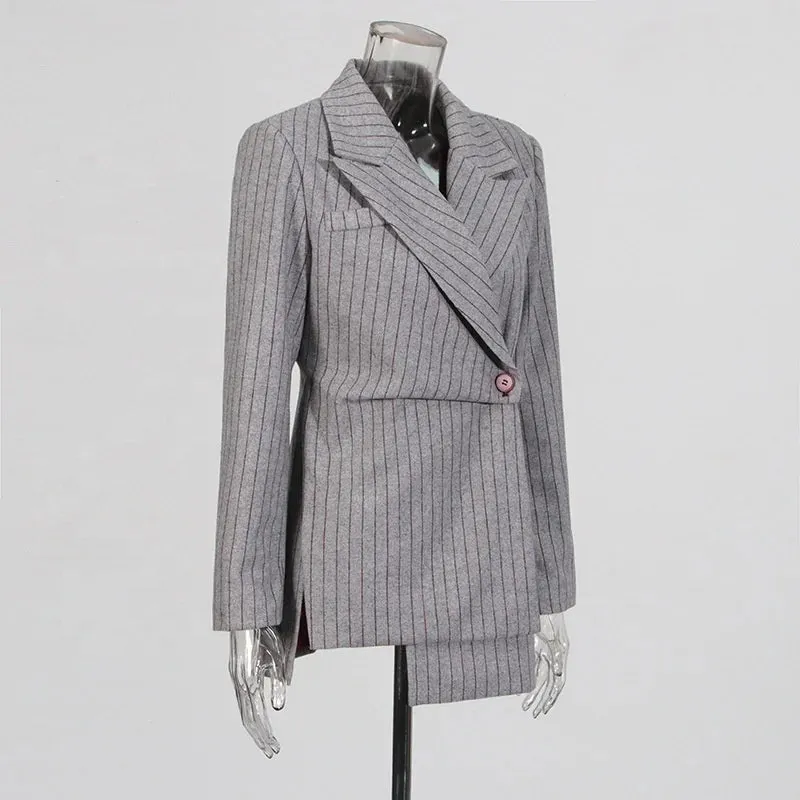 Trend4us Asymmetrical Pinstripe Double-Breasted Blazer