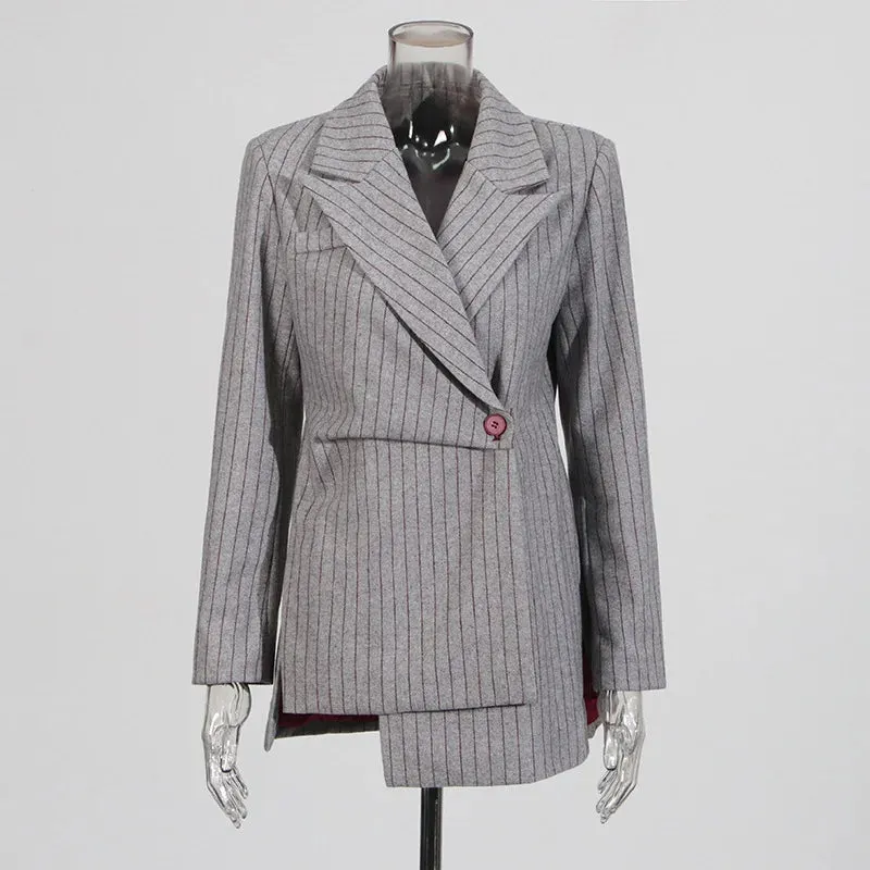 Trend4us Asymmetrical Pinstripe Double-Breasted Blazer