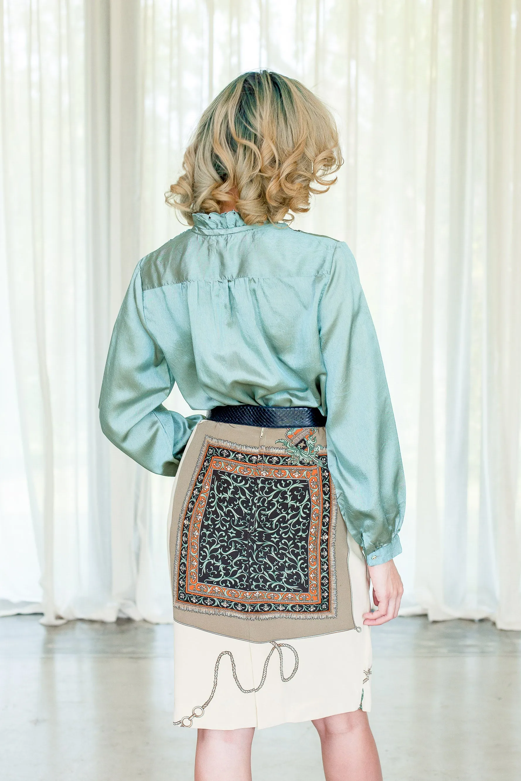 Vintage Silk Cuff Sleeved Mock Neck Green Blouse