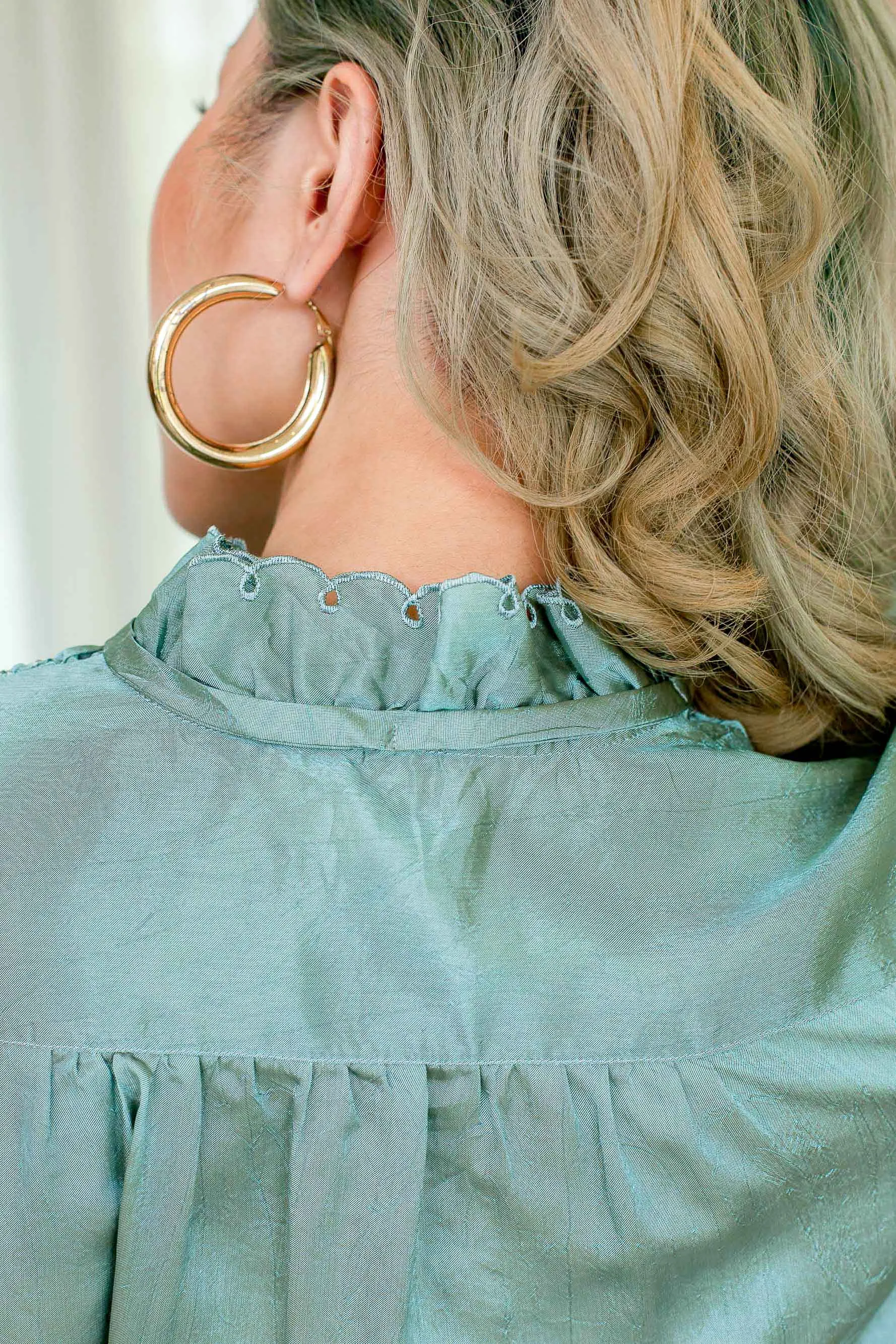 Vintage Silk Cuff Sleeved Mock Neck Green Blouse